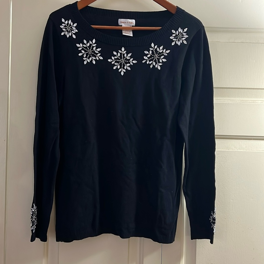 Monroe & Main Black Long Sleeve Scoop  Neck Sweater with Rhinestone Accents